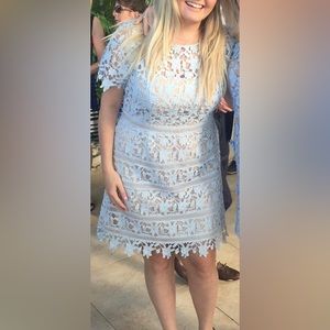 Eliza J Baby Blue Nude Crochet Lace Iilusion Sheath Dress size 14